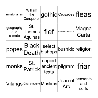 The Middle Ages Bingo Card