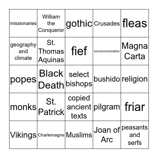 The Middle Ages Bingo Card