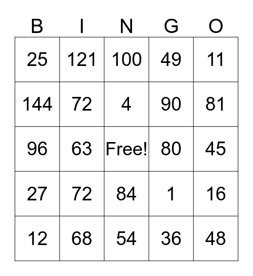 Multiplication Bingo Card