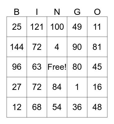 Multiplication Bingo Card