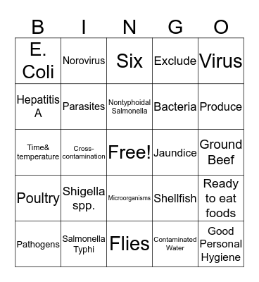 The Big Six Foodborne Illness Bingo Card