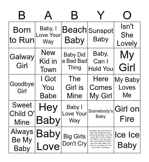 Baby "B" Bingo Card