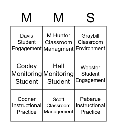 Peer Observations Bingo Card