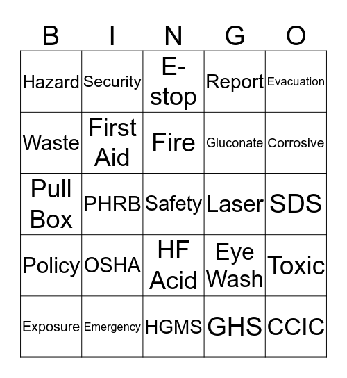 CCIC Safety Bingo Card