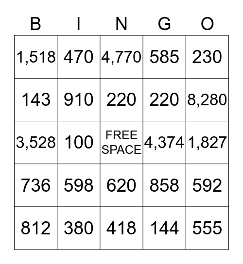 2 by 2 Digit Multiplication Bingo Card