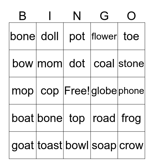 LONG VOWEL O Bingo Card