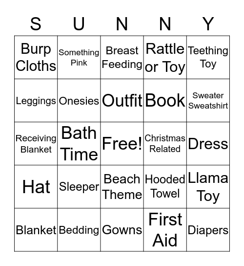 Sunny's Shower Bingo Card