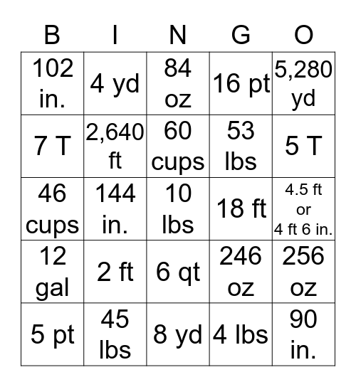 Customary Measurement Bingo Card