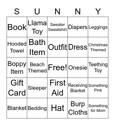 Sunny's Shower Bingo Card