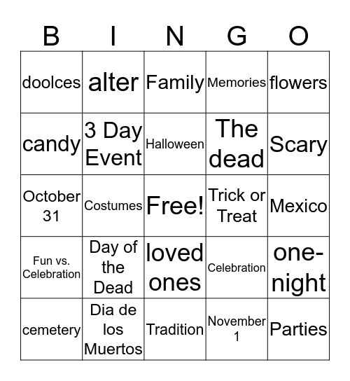 Dia de los Muertos and Halloween Bingo Card