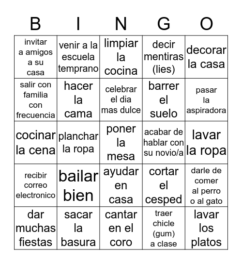 Unidad 5 Bingo Card