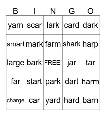 /ar/ words Bingo Card