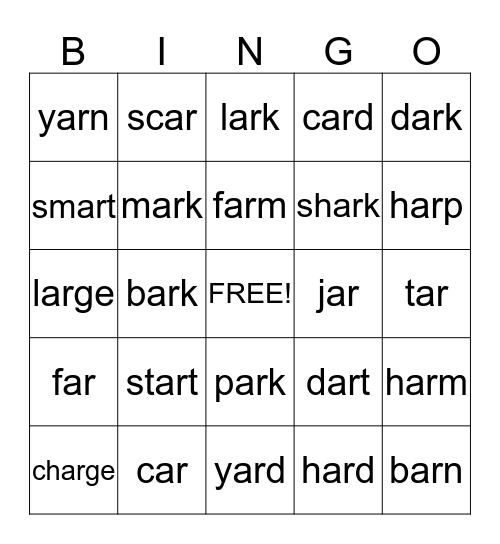 /ar/ words Bingo Card