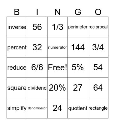 Math terms & fractions Bingo Card