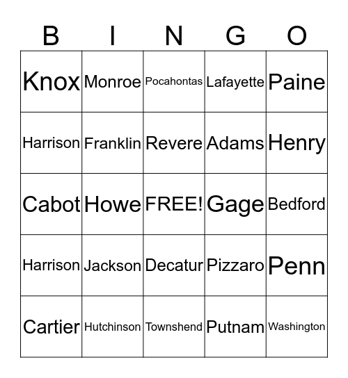 Famous Historical People-US History Bingo Card