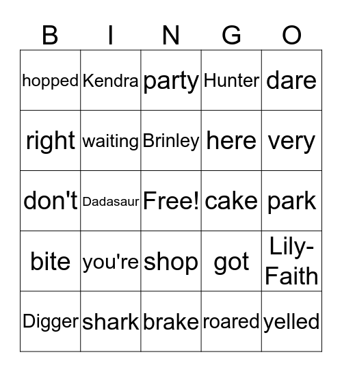 Digger the Dinosaur Bingo Card