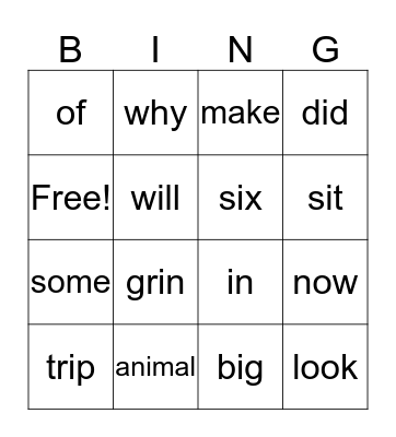 Sight and Spelling Bingo Card
