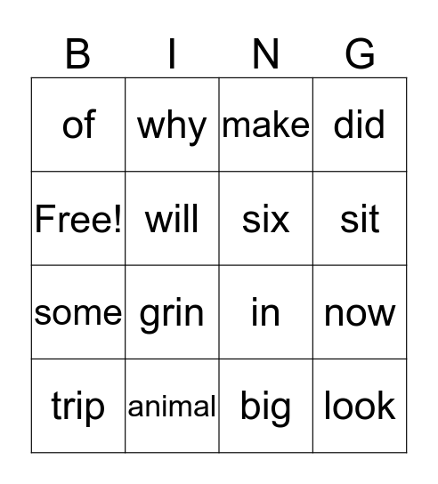 Sight and Spelling Bingo Card