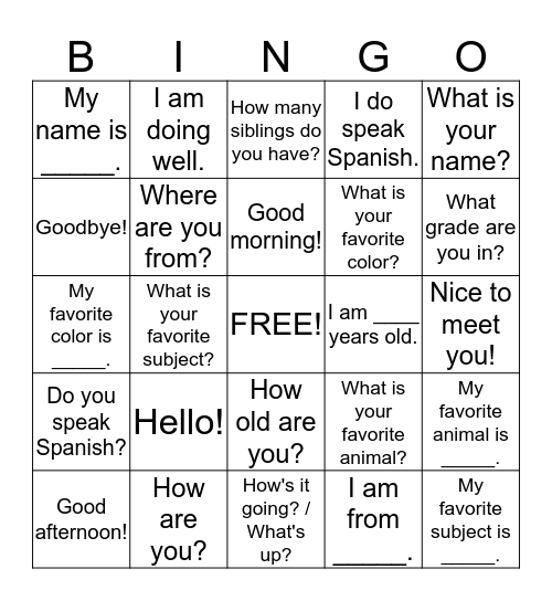 Spanish Greetings! Bingo Card