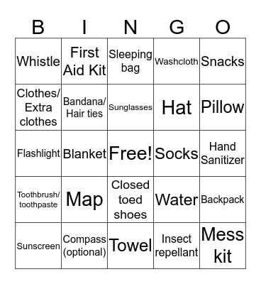 Packing List Bingo Card