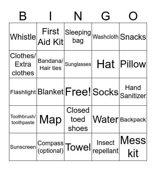 Packing List Bingo Card