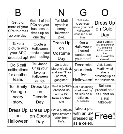 PC Spirit Week Bingo Card