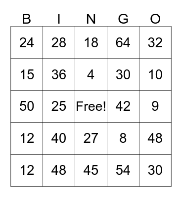 Multiplication Bingo Card