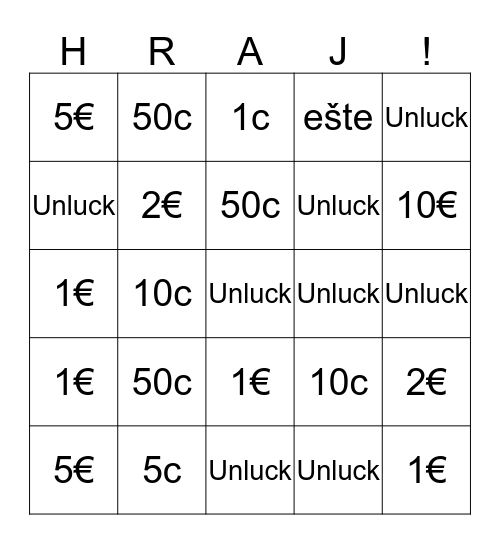 Vyhraj až 10 eur!!! Bingo Card