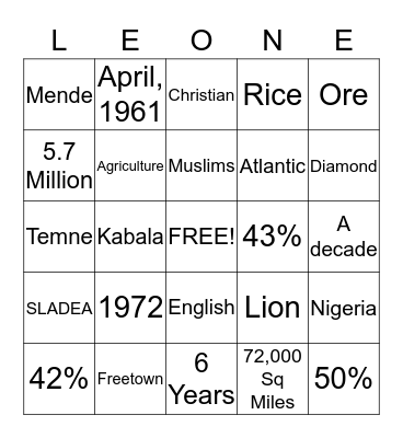 Sierra Leone Bingo Card