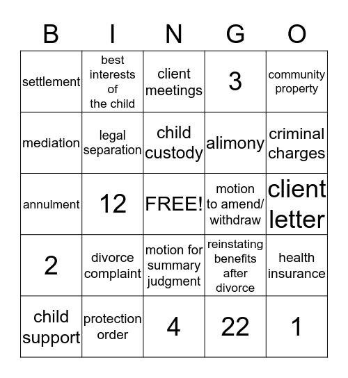 Divorce Bingo  Bingo Card