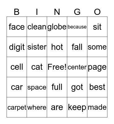 Tricky Spelling c and g Bingo Card