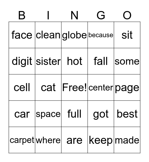 Tricky Spelling c and g Bingo Card