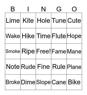 Silent E Bingo Card