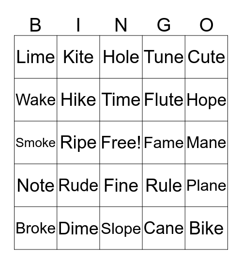 Silent E Bingo Card