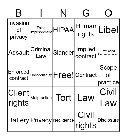 Legal and Ethical Bingo Card