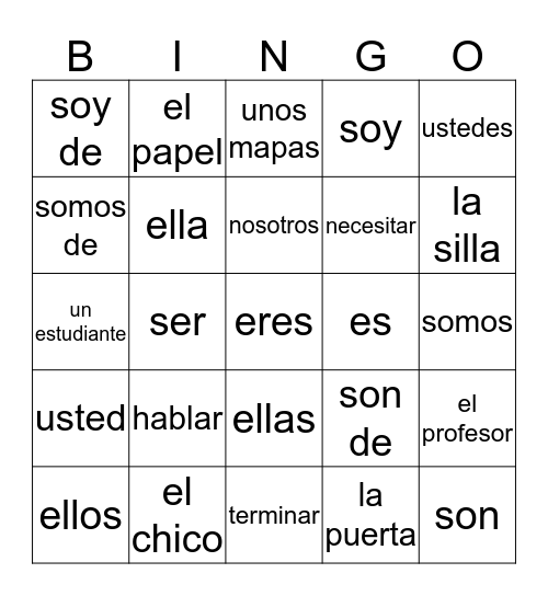 Spanish 1: Ser and Pronouns Bingo Card