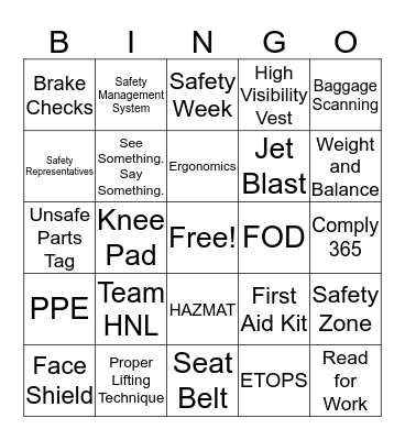 HNL Safety Bingo Card