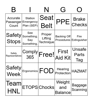 HNL Safety Bingo Card