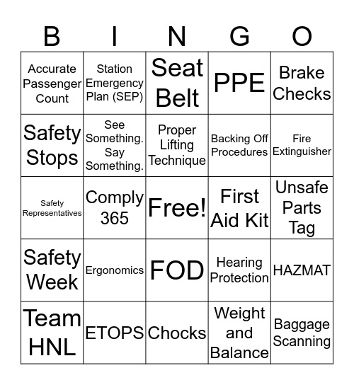 HNL Safety Bingo Card