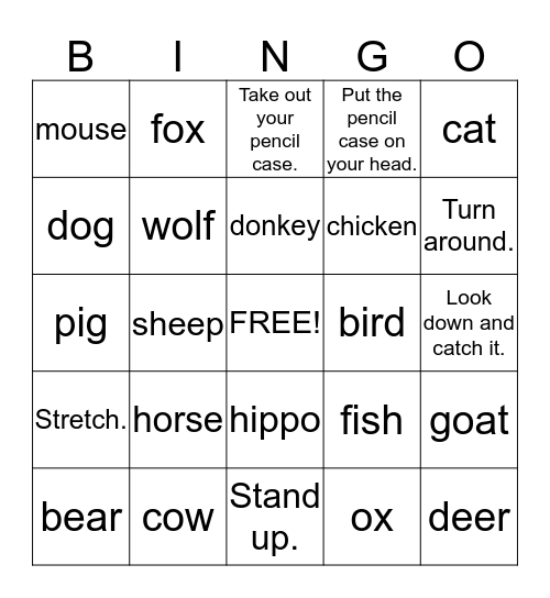 pg. 20 and animals Bingo Card
