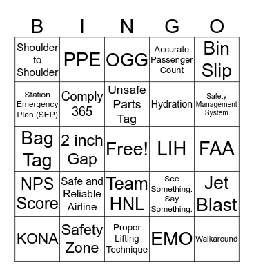 HNL Safety Bingo Card