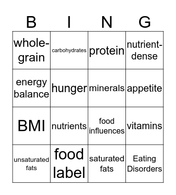 Grade 7 & 8: Nutrition Vocab. Bingo Card