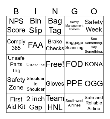 HNL Safety Bingo Card