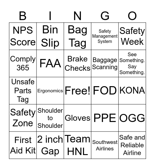 HNL Safety Bingo Card