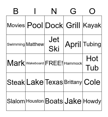 Spring Break Bingo Card