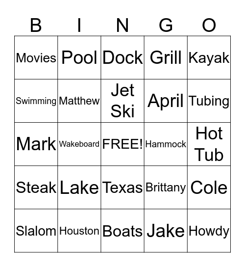 Spring Break Bingo Card