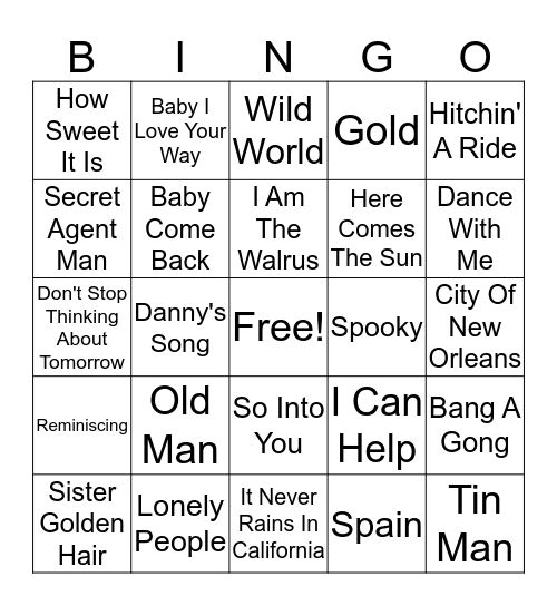 70's Music Bingo Card