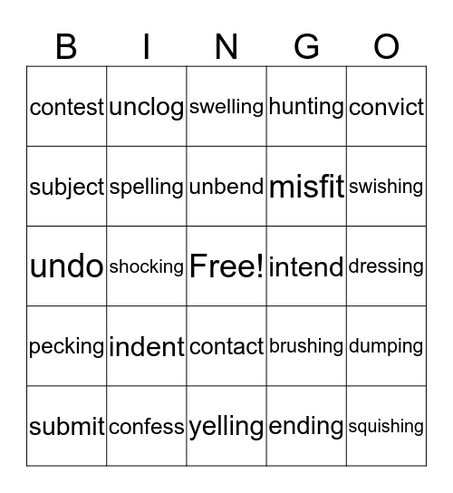 prefix/suffix Bingo Card