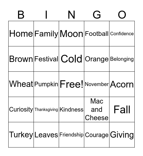 Harvest Bingo Card