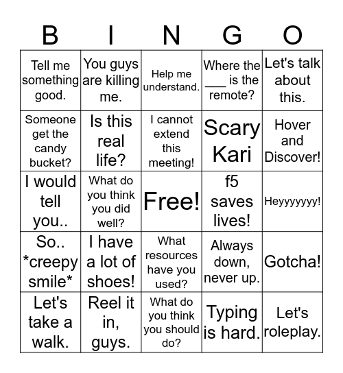 Kari-ism Bingo Card